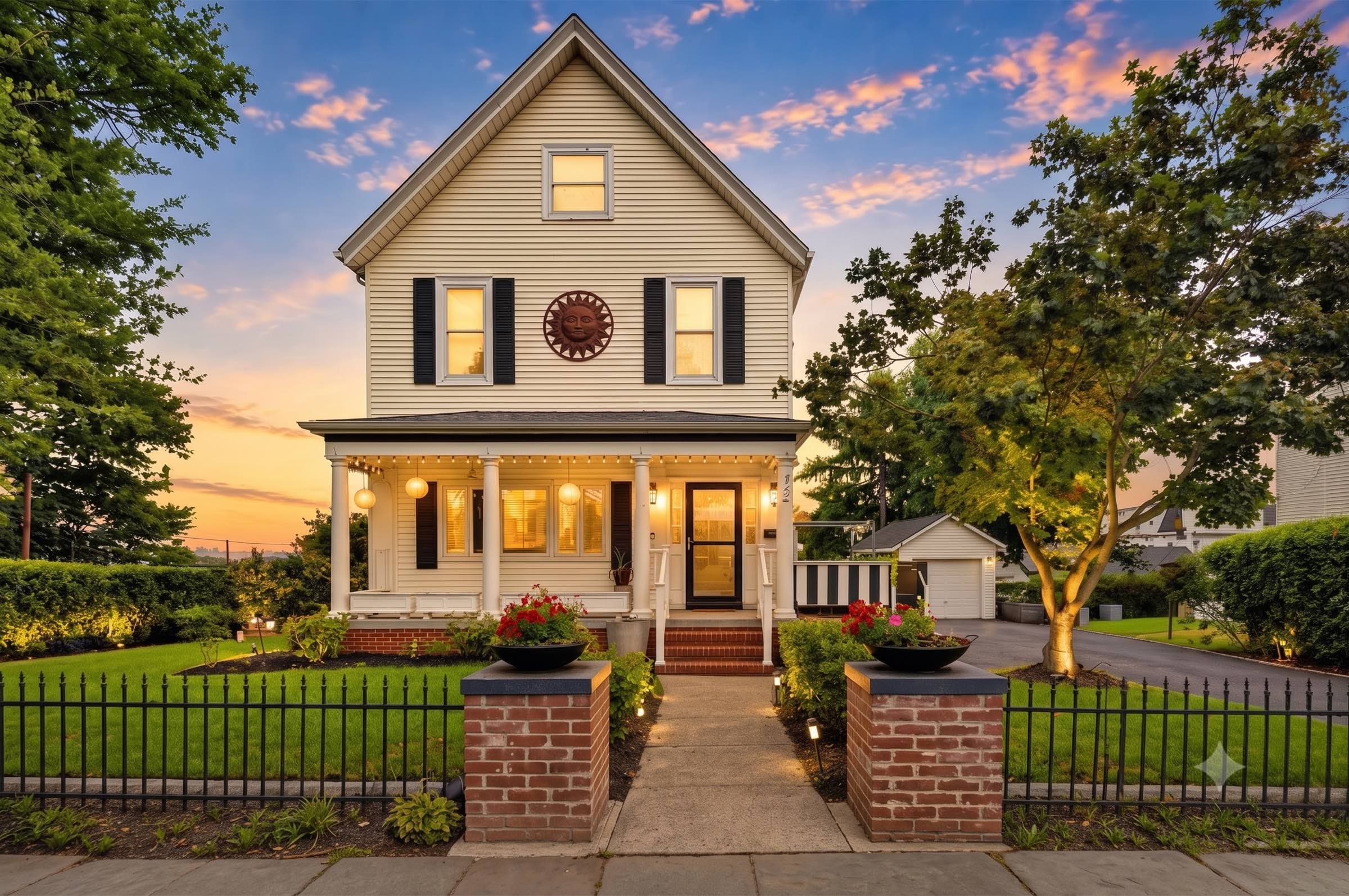 A small New Jersey home at dusk, with a covered porch and front garden
